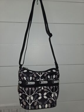 Lesportsac Black Crossbody Bag with Gray & Cream Leaf Motif